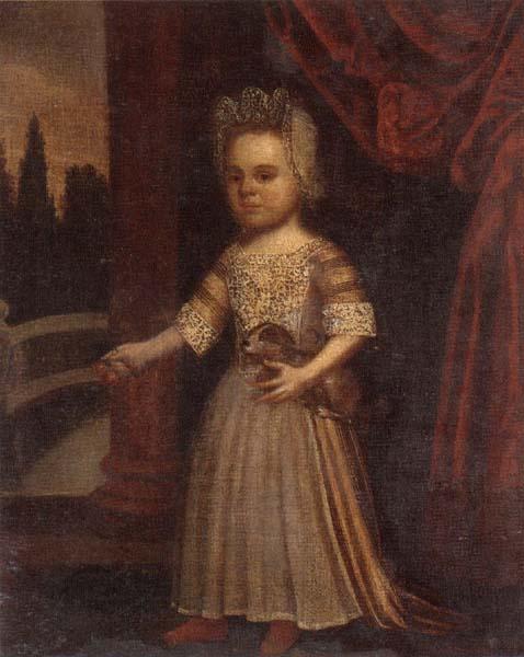 unknow artist Portrait of a young girl,full length,holding a toy dog and a bunch of cherries,set beside a partly-draped red curtain oil painting image